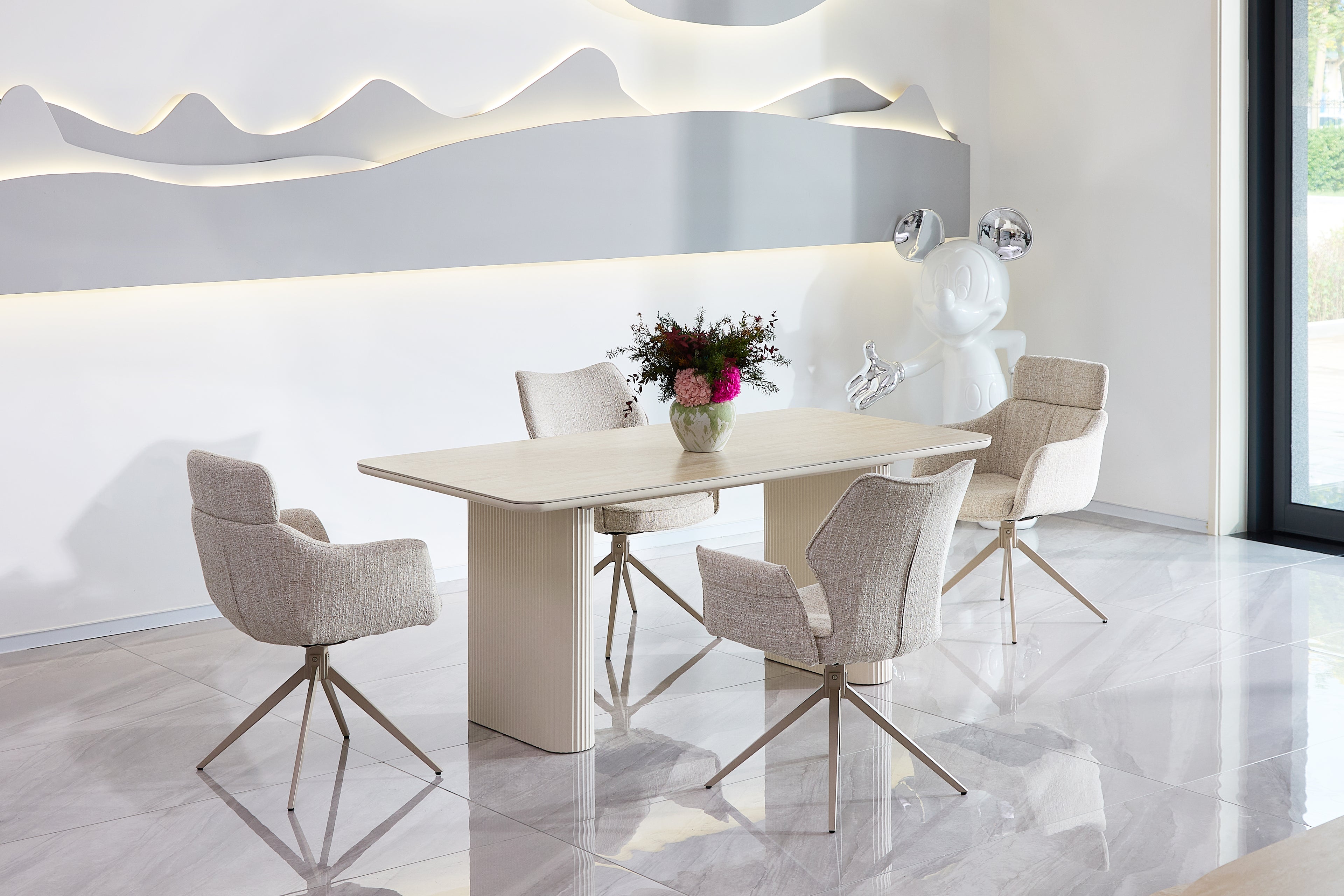 Marlow 180cm Table - Satin Cream & Travertine