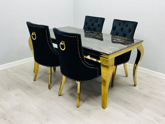 Sofia Black & Gold Dining Table – All Sizes + Black Dining Chairs