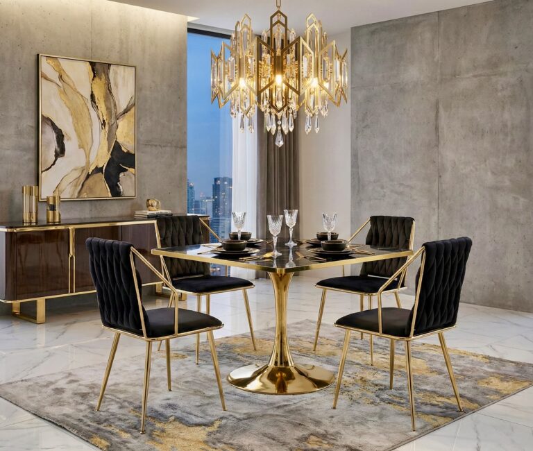 Roma Square Black Marble Effect Gold Dining Table
