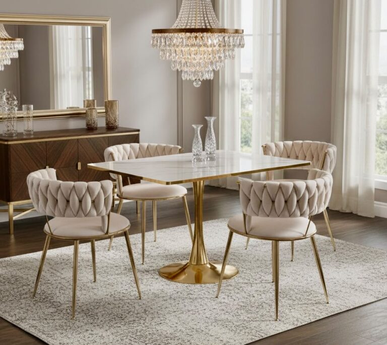 Roma Square White Marble Effect Gold Dining Table