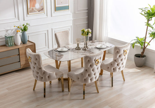 Sorrento Oval 150cm Ceramic Gold & Cream Table + Cream/Gold Ring Knocker Velvet Chairs