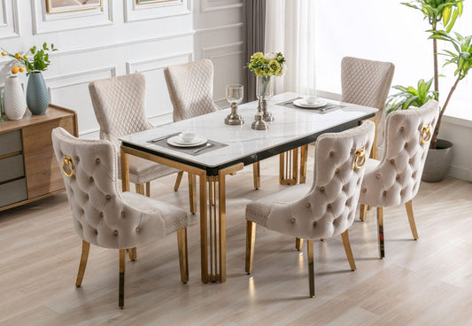 Sorrento Rectangle 180cm Ceramic Gold & Cream Table + Cream/Gold Ring Knocker Velvet Chairs