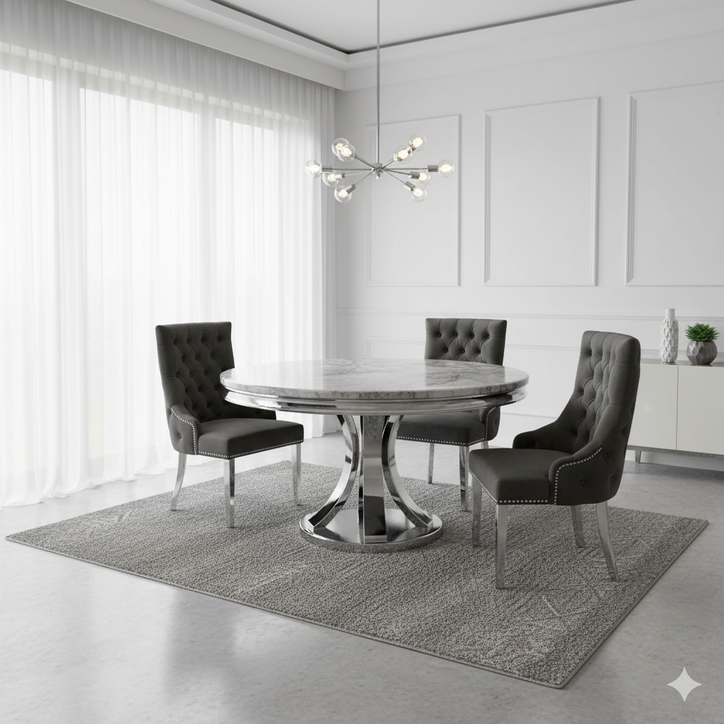 London 1.3m Marble & Chrome Round Dining Table - All Colours