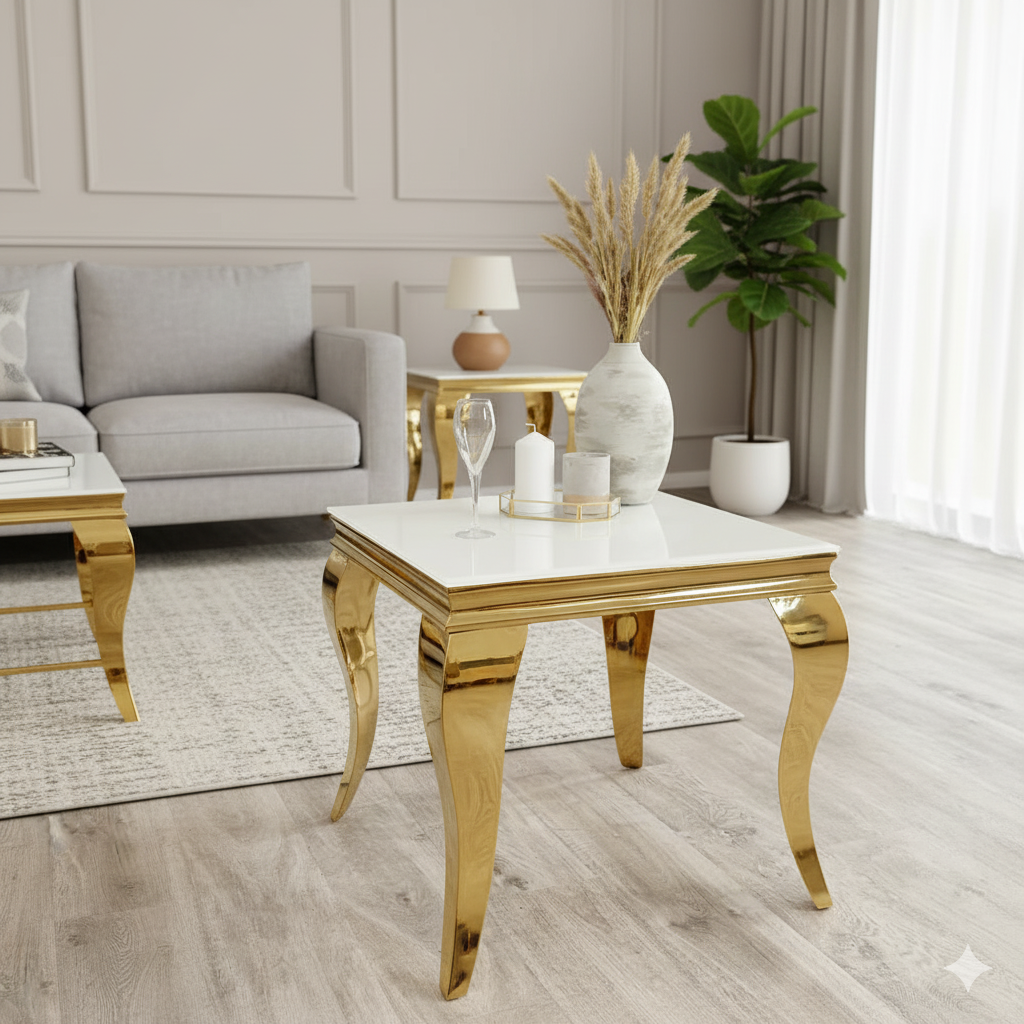 Louis Gold Lamp Table with Glass Top (All Colours) 60cm