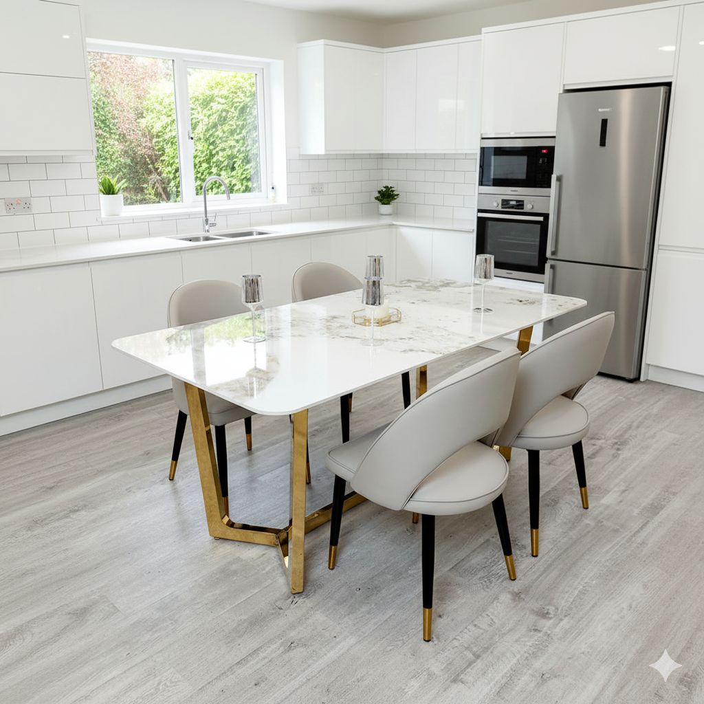 Lucien 1.8M Gold Dining Table with Pandora Gold Sintered Stone Top