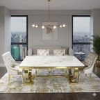Arianna/Chelsea Gold 180cm Kasi Gold Ceramic Dining Table + 4/6 Roma Mink Dining Chair Lion Knocker Chairs