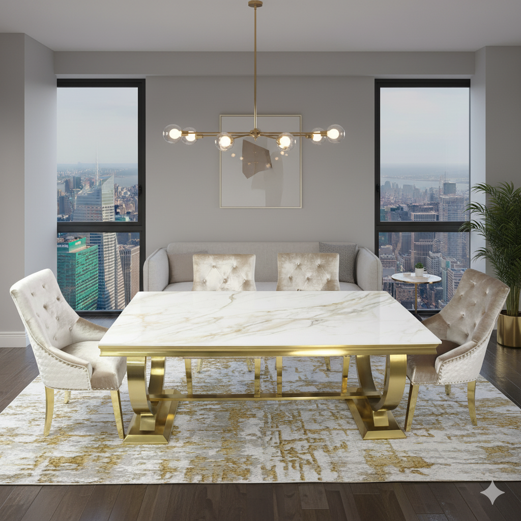 Arianna/Chelsea Gold 180cm Kasi Gold Ceramic Dining Table + 4/6 Roma Mink Dining Chair Lion Knocker Chairs