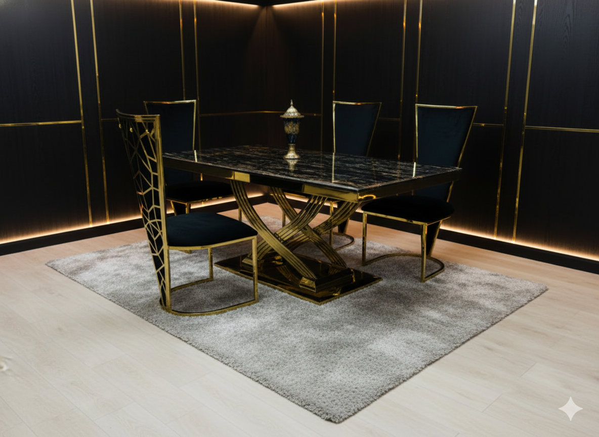 Elina 1.8M Black and Gold Marble Gold Dining Table