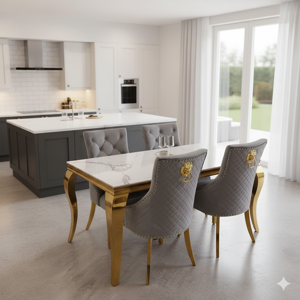 Louis Dining Table Gold with Glass/Sintered Stone Or Marble Top (All Colours) 1.8M