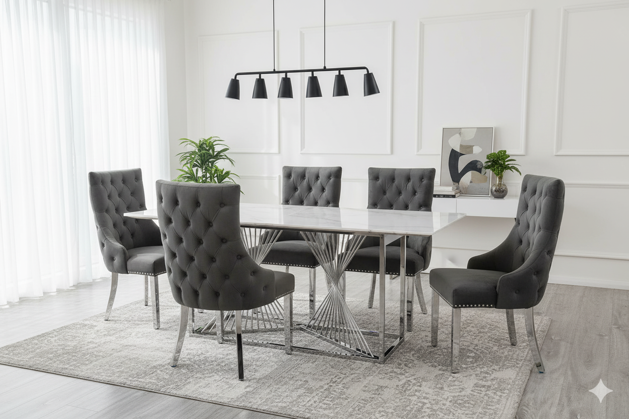 Amelia White Ceramic 180cm Silver Dining Table