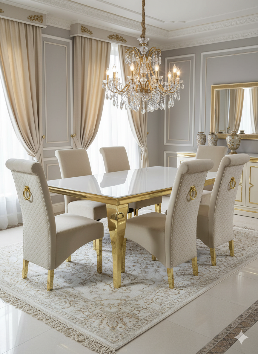 Louis Dining Table Matt Gold with Glass Or Marble Top (All Colours) 1.8M