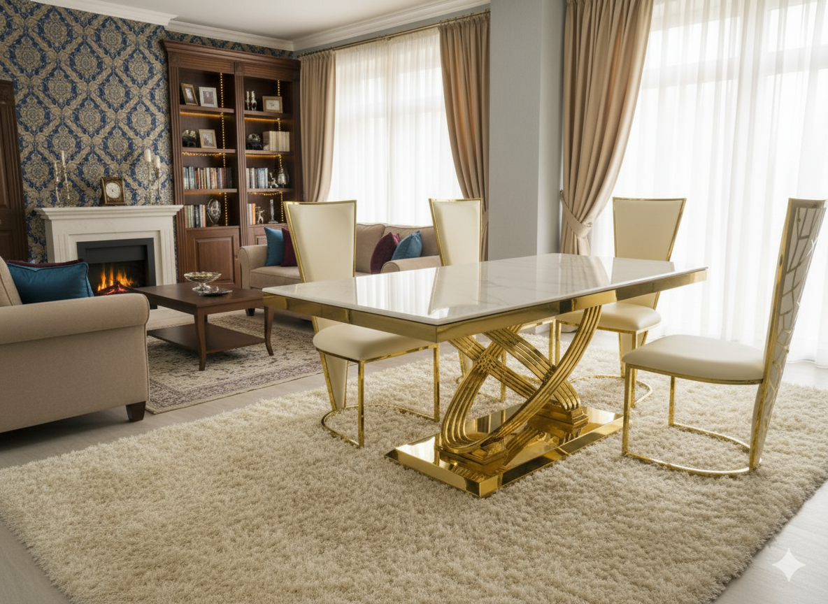 Elina 1.8M Cream Marble Gold Dining Table