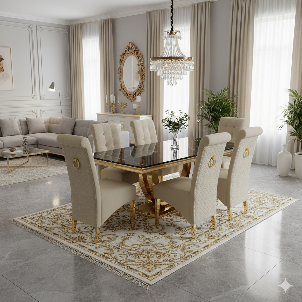 Moda Black Marble Rectangular Gold Dining Table 2M