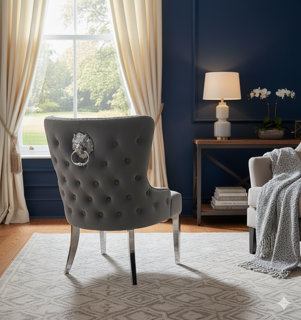 Lewis Chair (Lion Knocker/Chrome Legs) (3 Colours)