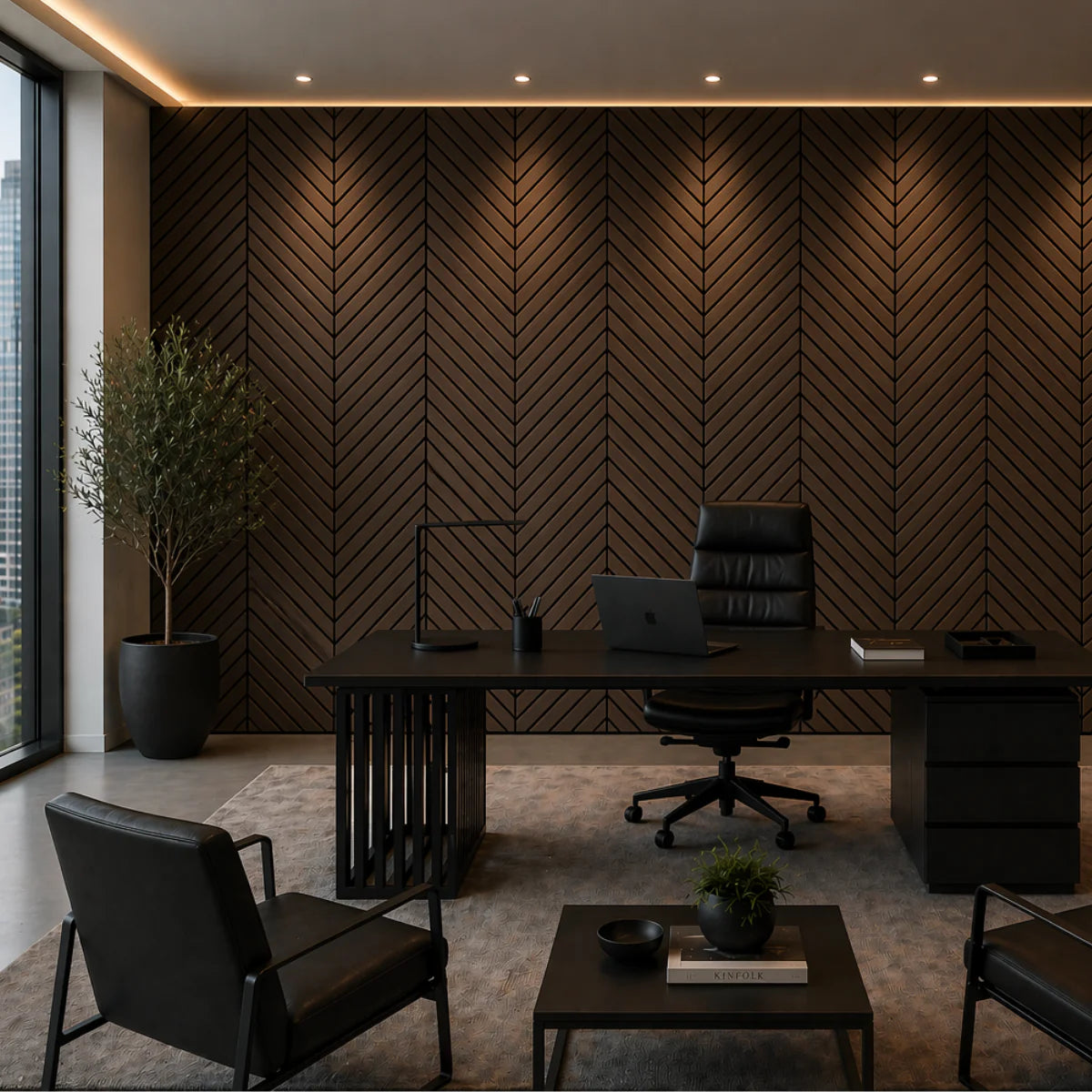 Self Adhesive Herringbone Acoustic Wall Panels - Smoked Oak - 120cm x 30cm (4 Pieces)