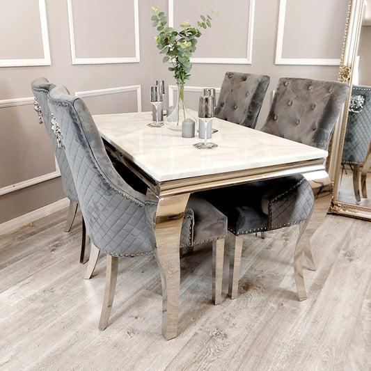 Louis Dining Table in Chrome 1.5M/1.8M With White Marble + 4/6 Dark Grey Bentley Chairs