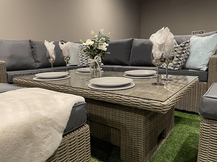 Rattan corner sofa with rise and fall table deals