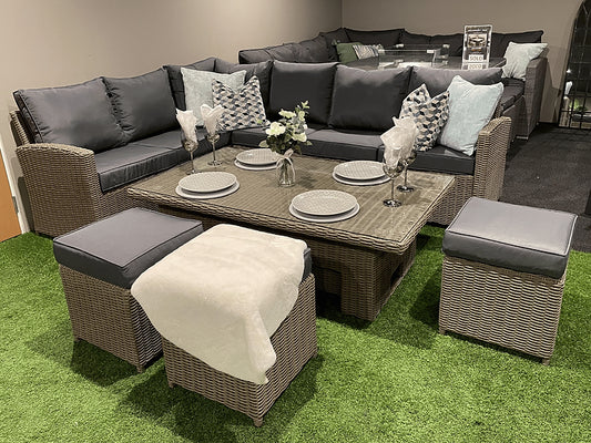Sorrento - Rattan Corner Sofa Warm Grey – rise & fall table -three footstools