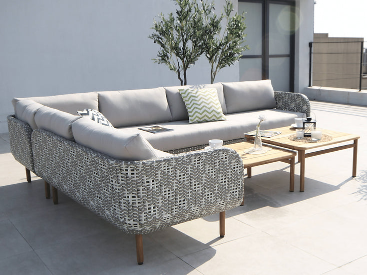 Lucia - Aluminium & Rattan Corner Sofa, with teak top tables