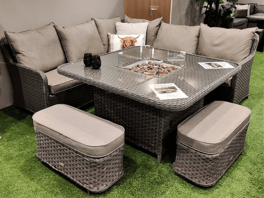 Bespoke Grand Casual Dining Fire pit set - Corner rattan set with square fire pit table - grey weave with truffle cushions