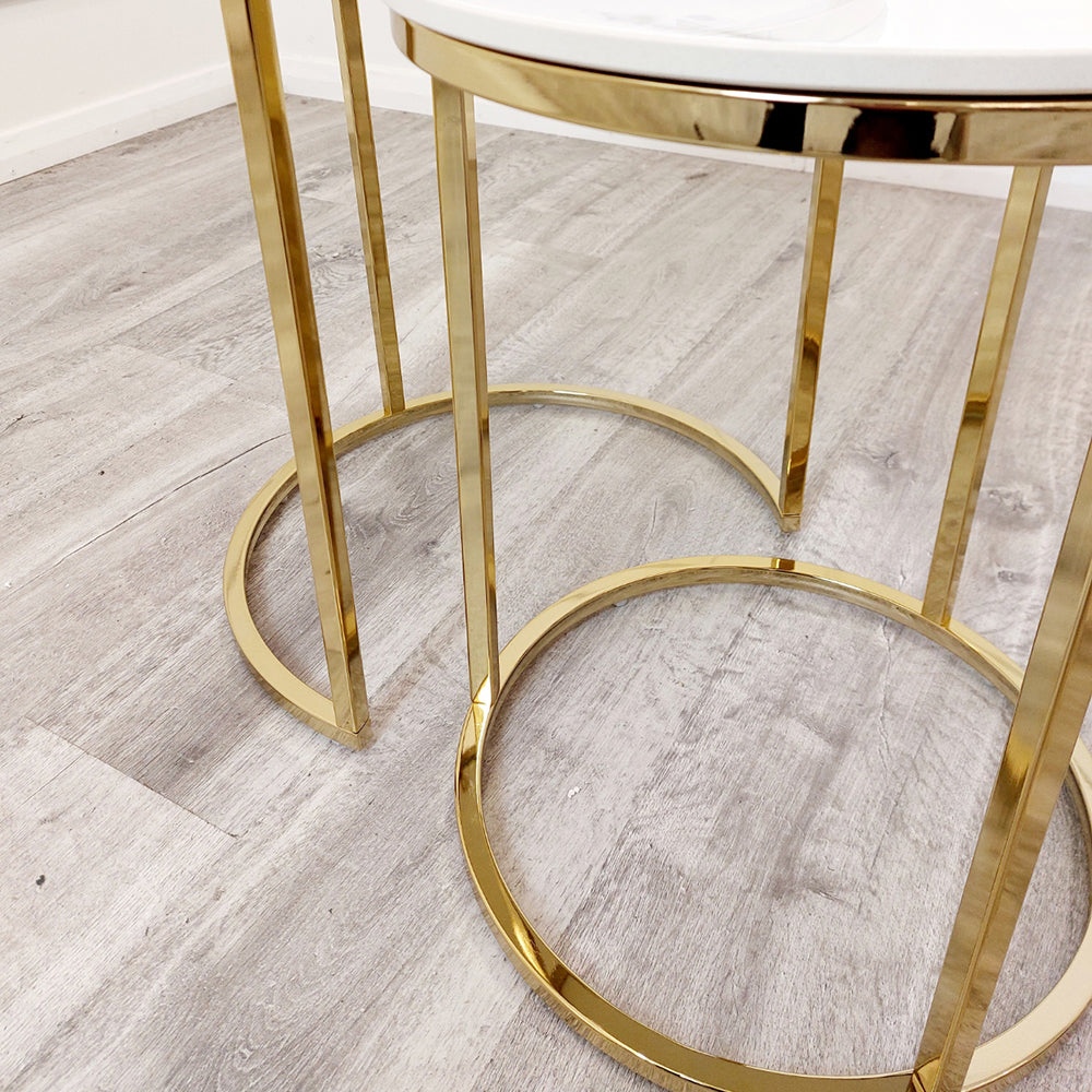 Cato Nest of 2 Tall Gold End Coffee Tables with Polar White Sintered Stone Tops