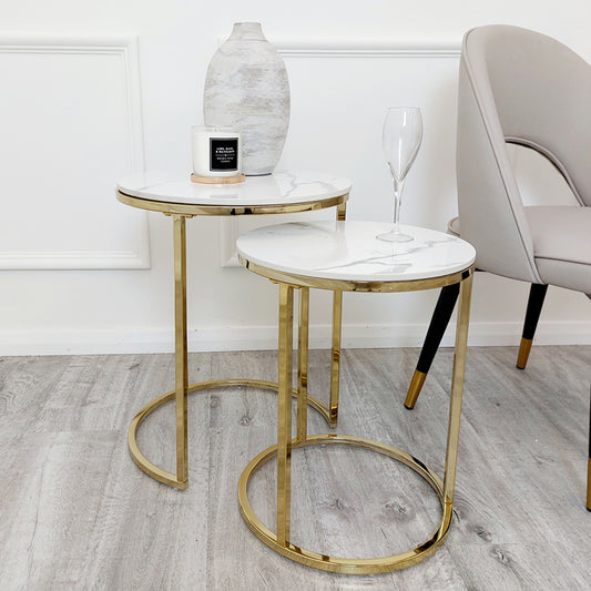 Cato Nest of 2 Tall Gold End Coffee Tables with Polar White Sintered Stone Tops