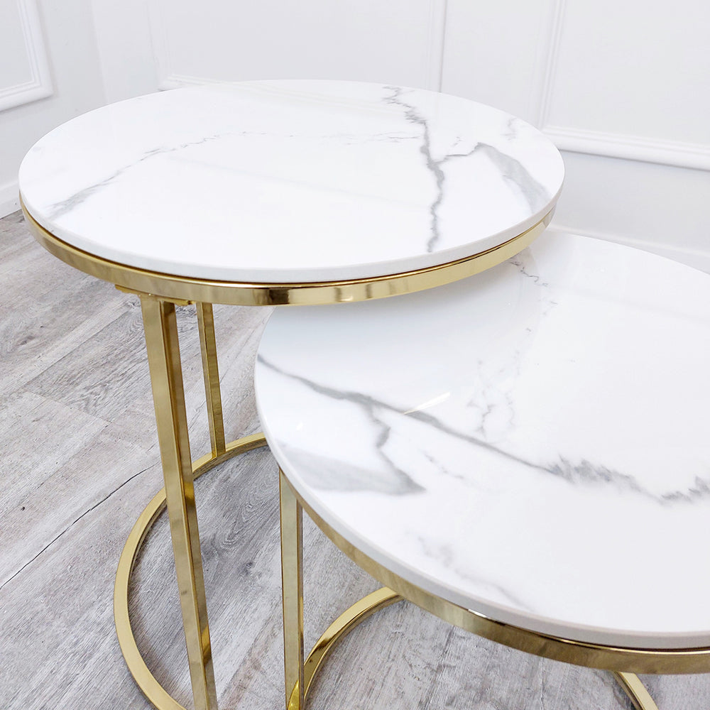 Cato Nest of 2 Tall Gold End Coffee Tables with Polar White Sintered Stone Tops