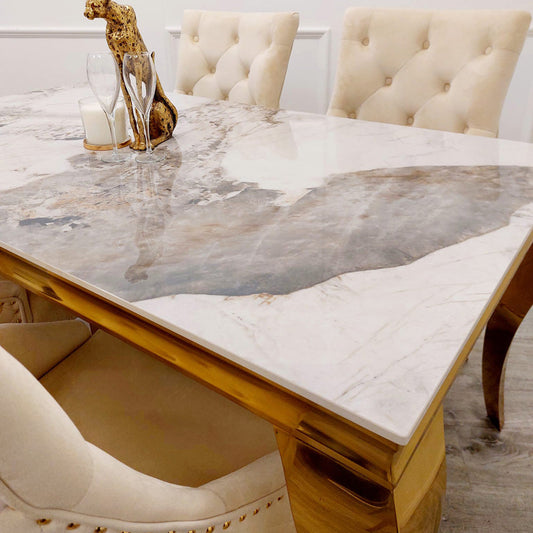 Louis Dining Table Gold with Glass/Sintered Stone Or Marble Top (All Colours) 1.5M