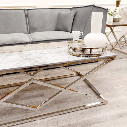 Vesta Chrome Coffee Table with Stomach Ash Sintered Stone Top