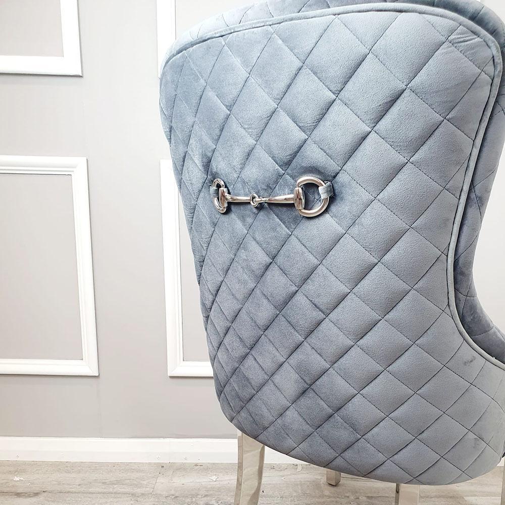 Kate Dark Grey French Plush Velvet Quilted Back Dining Chair With Chrome Clasp-Esme Furnishings